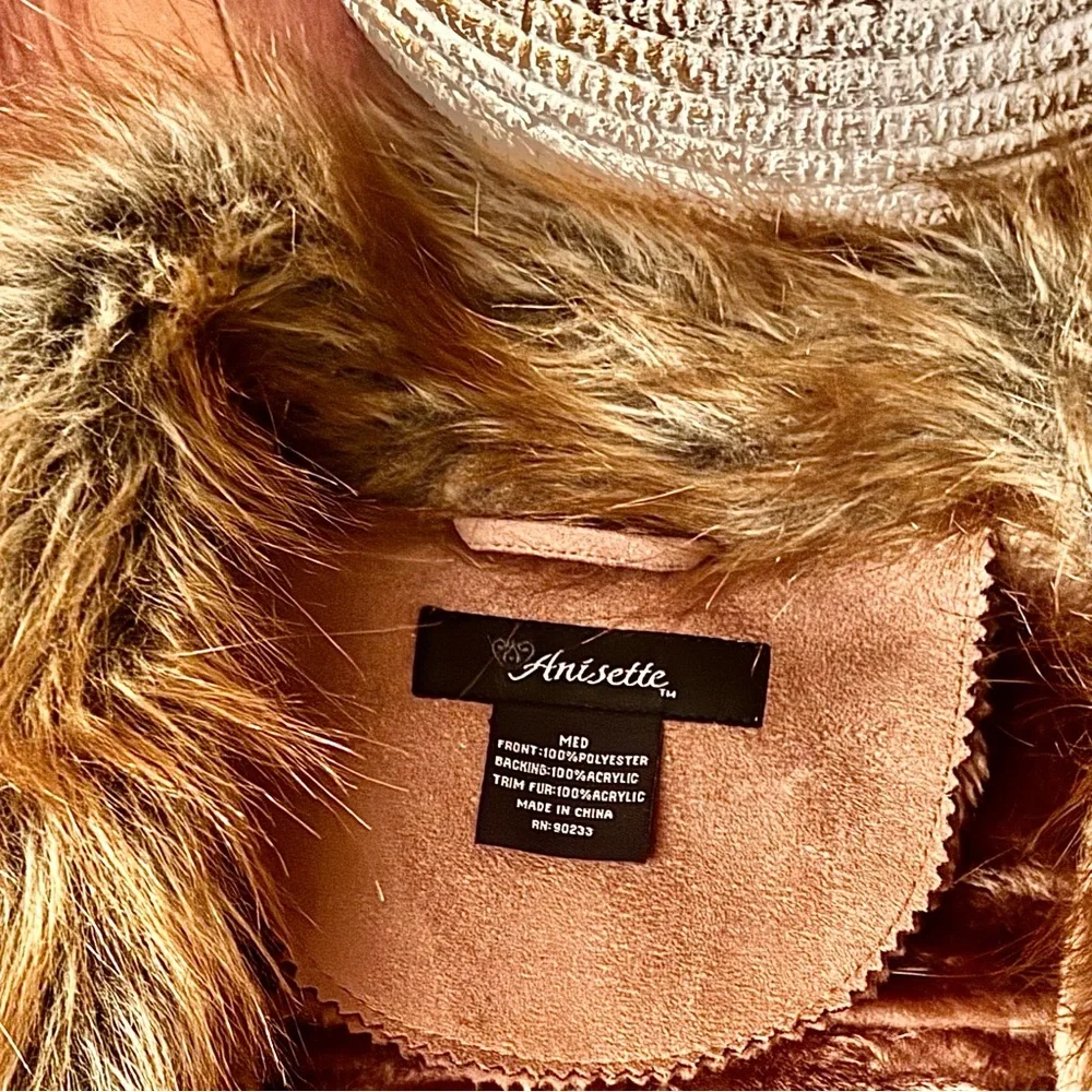 Anisette Women's Tan Suede with Faux Fur Collar & Faux Fur Lined Coat - Picture 5 of 6